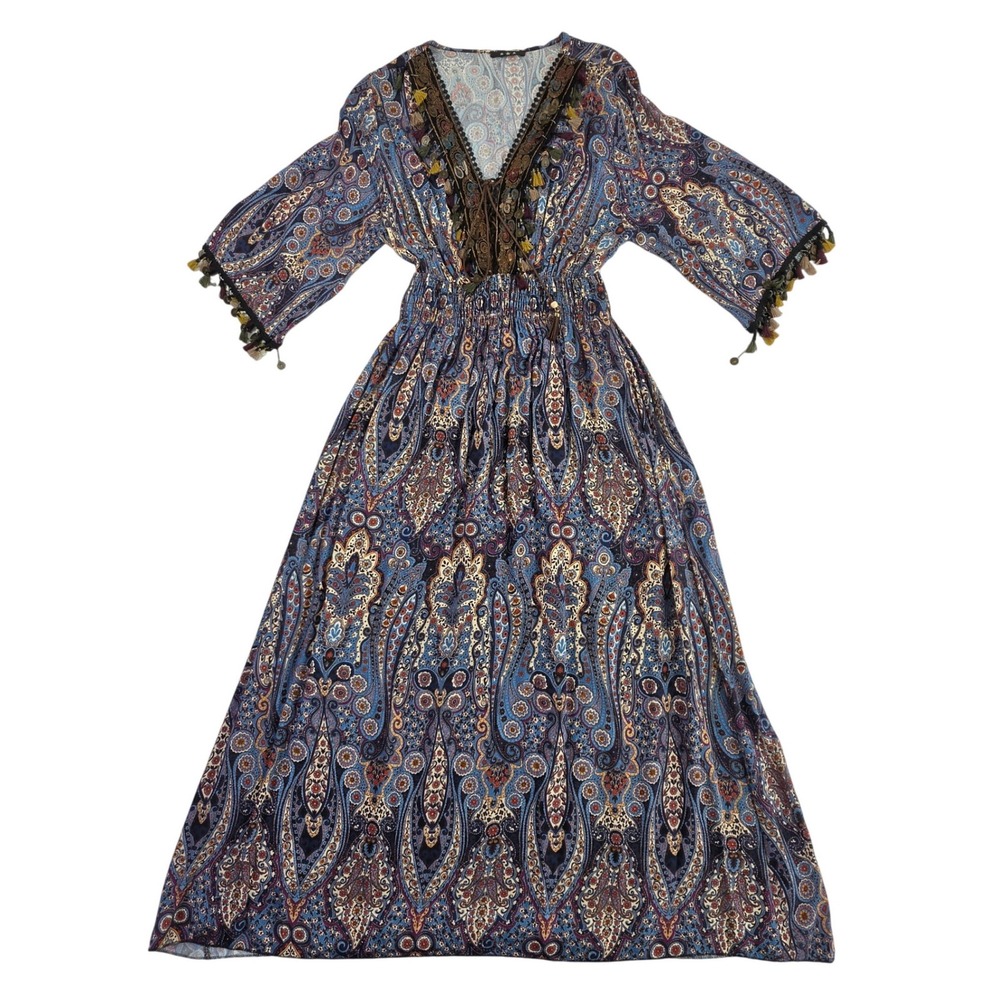 Boutique M Boho Paisley Maxi Dress Blue Orange Smocked Tassel Bell Sleeve NWOT
